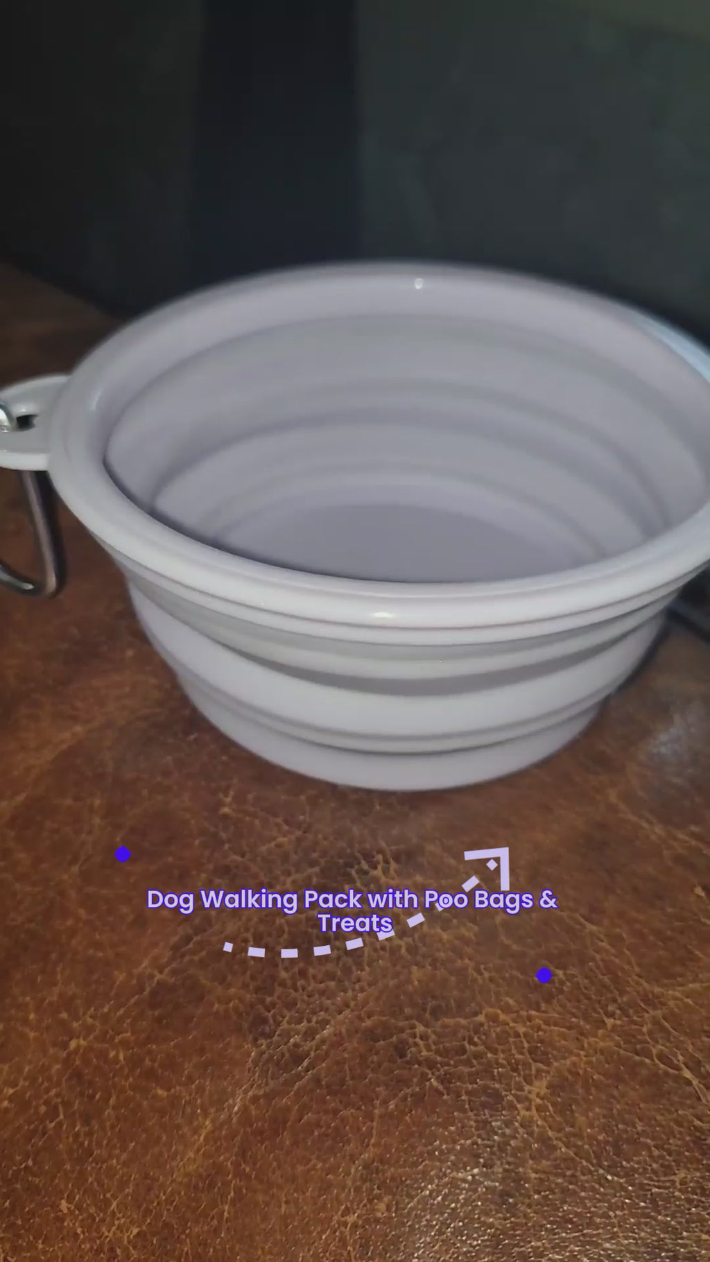 dog walking pack in various colours, includes, poo bags, water bowl, poo dispenser, poo bag holder, treat pouch & 50g of chopped sausages