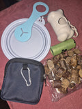 dog walking pack in various colours, includes, poo bags, water bowl, poo dispenser, poo bag holder, treat pouch & 50g of chopped sausages