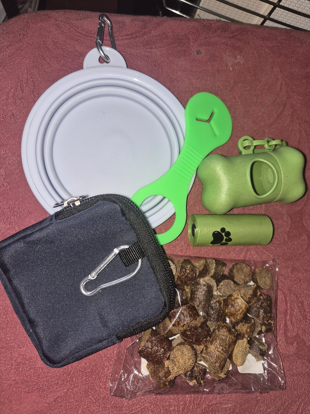 dog walking pack in various colours, includes, poo bags, water bowl, poo dispenser, poo bag holder, treat pouch & 50g of chopped sausages