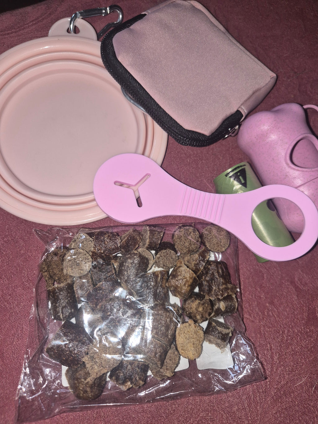 dog walking pack in various colours, includes, poo bags, water bowl, poo dispenser, poo bag holder, treat pouch & 50g of chopped sausages