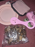 dog walking pack in various colours, includes, poo bags, water bowl, poo dispenser, poo bag holder, treat pouch & 50g of chopped sausages