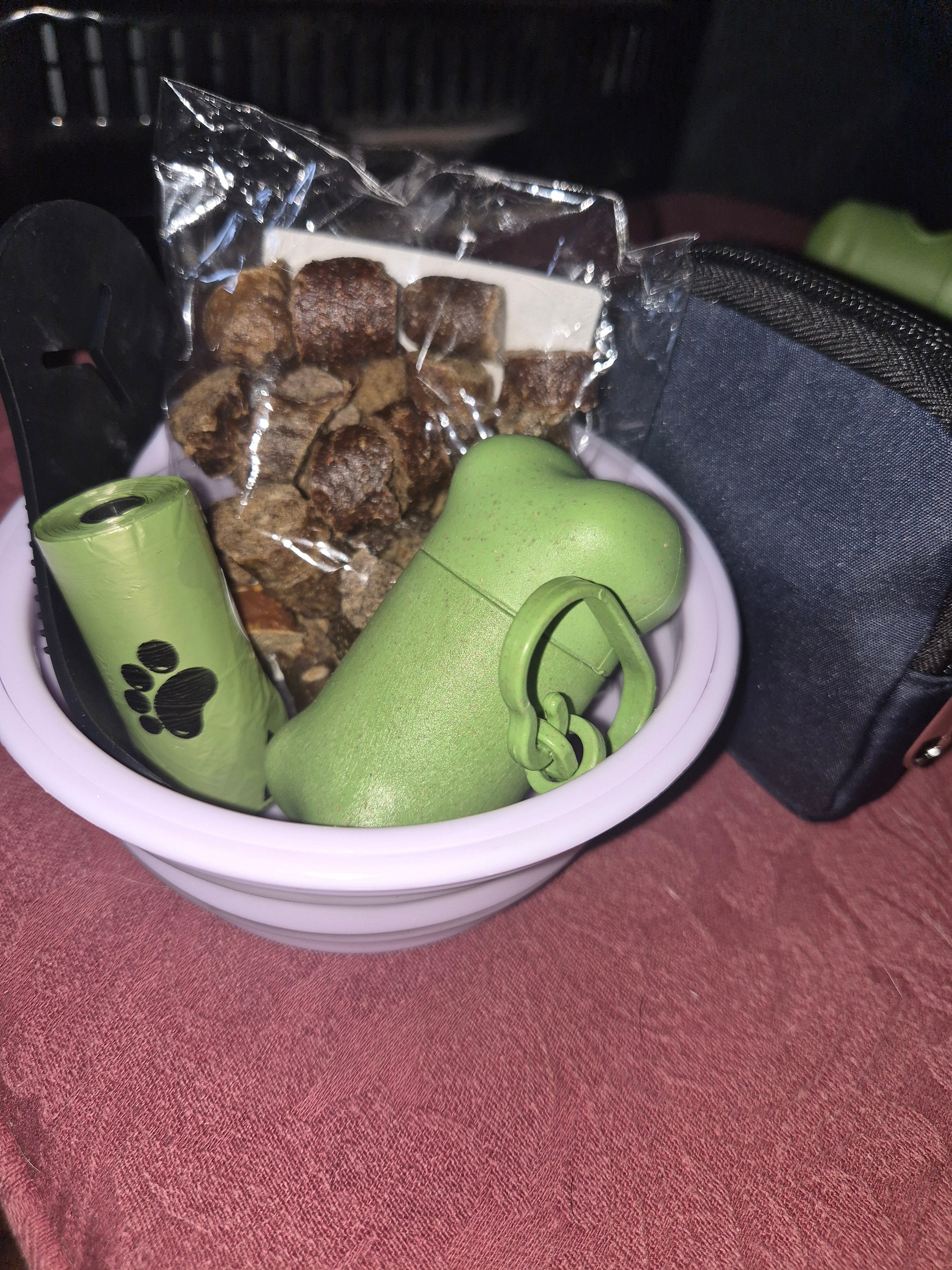 dog walking pack in various colours, includes, poo bags, water bowl, poo dispenser, poo bag holder, treat pouch & 50g of chopped sausages